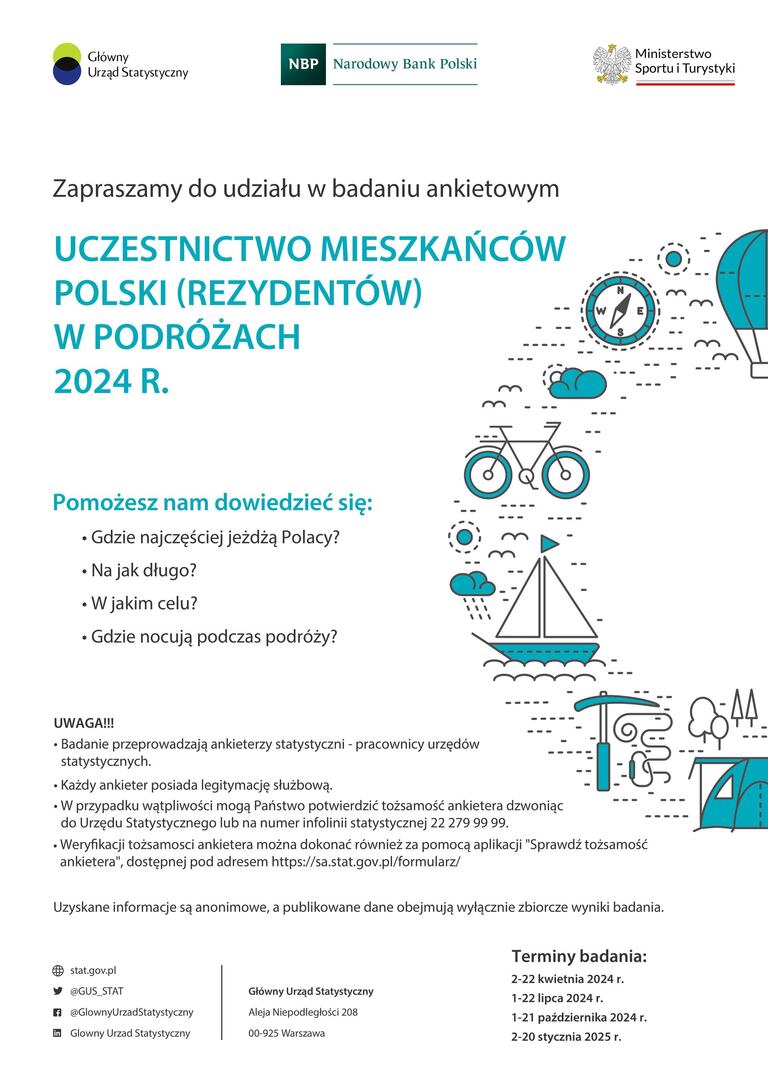Plakat z informacja o badaniu podróży mieszkańców Polski