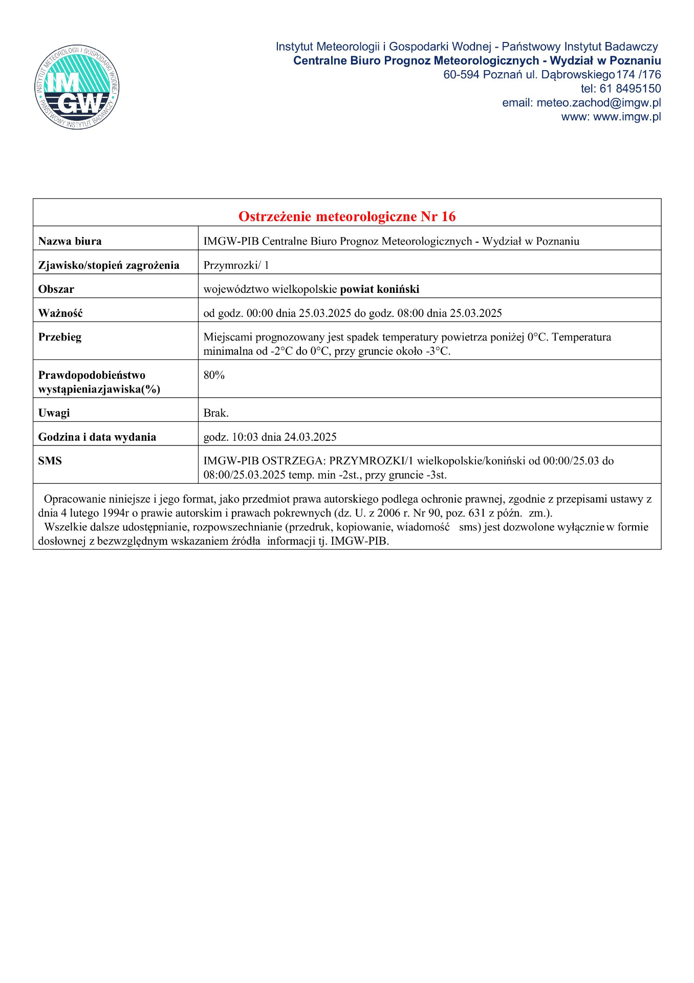 Komunikat ostrzegawczy - przymrozki