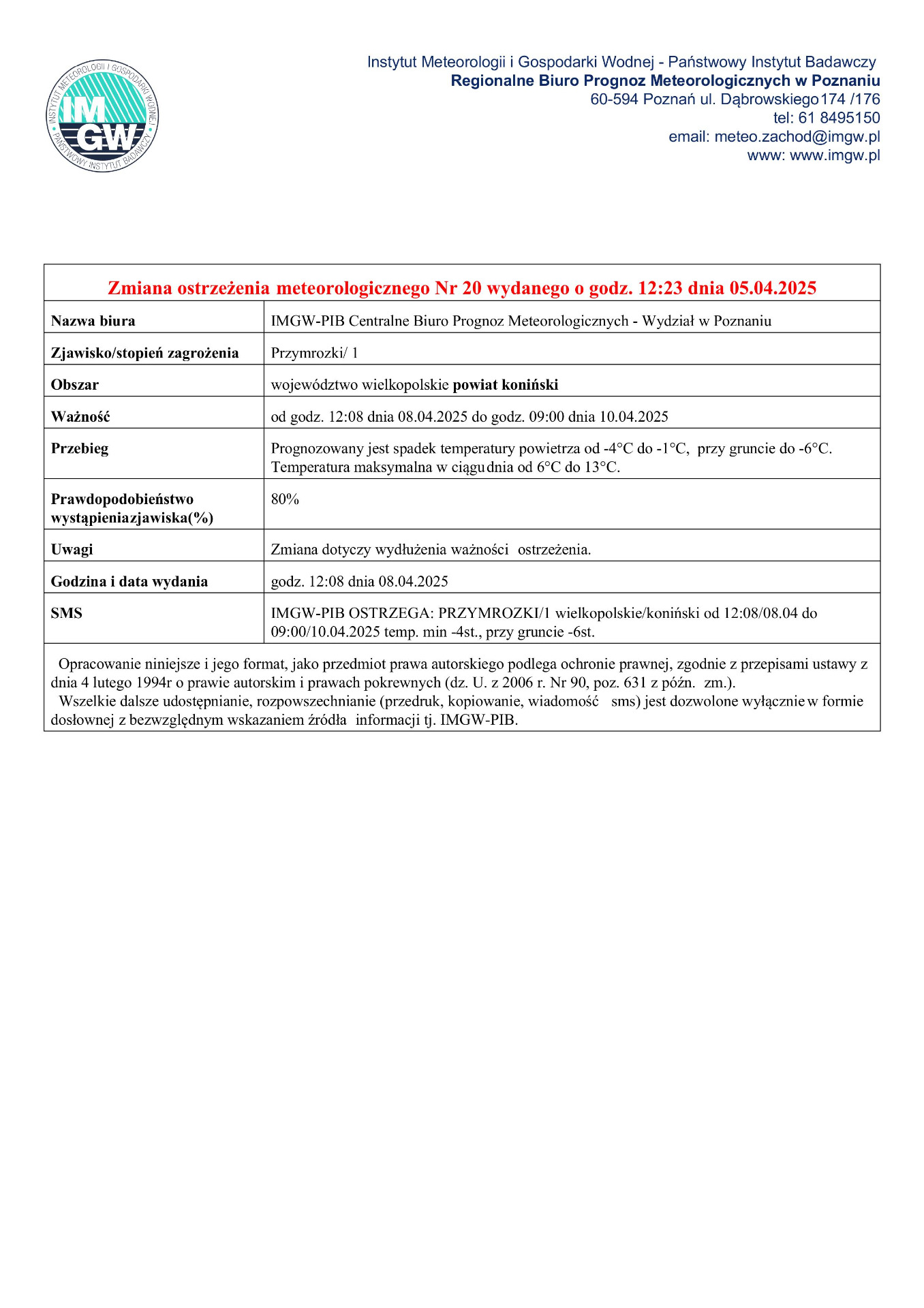 Komunikat ostrzegawczy - przymrozki