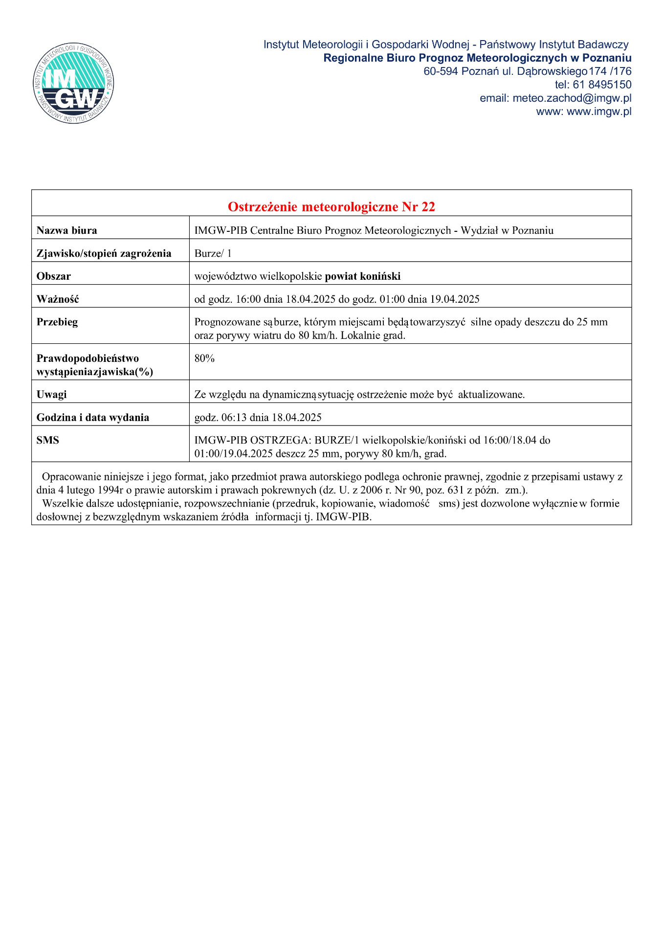 Komunikat ostrzegawczy - burze