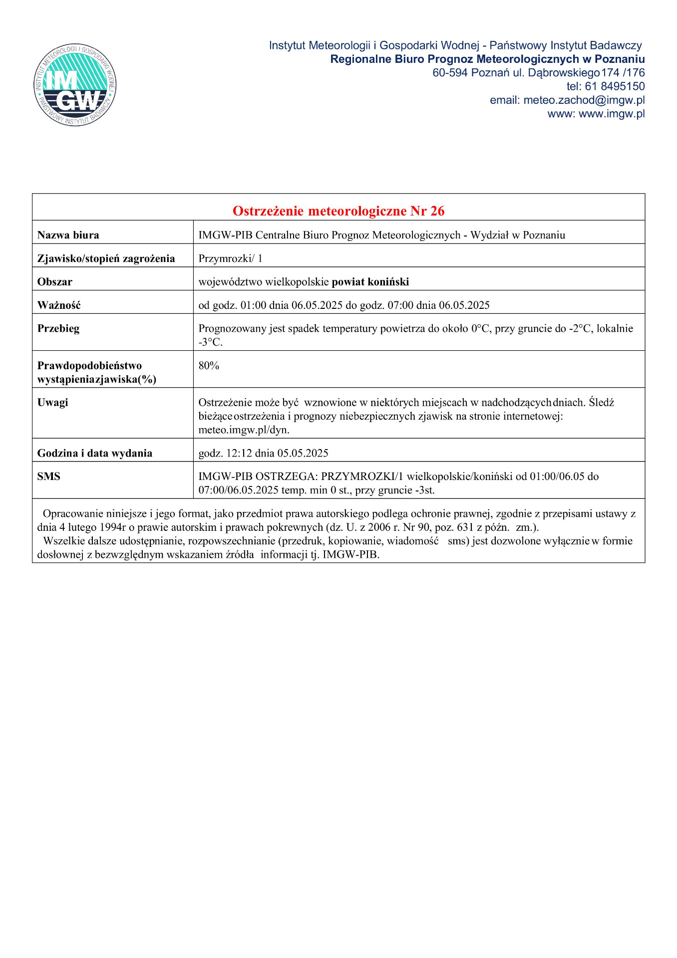 Komunikat ostrzegawczy - przymrozki