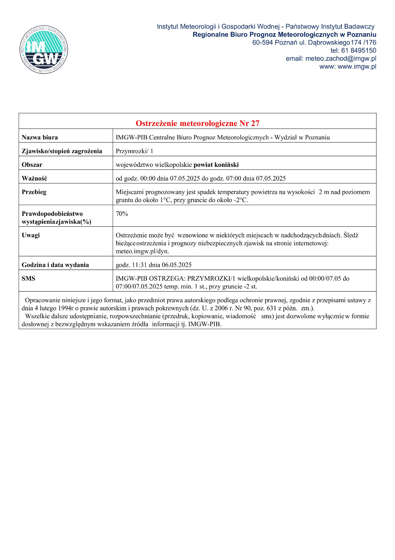 Komunikat ostrzegawczy - przymrozki