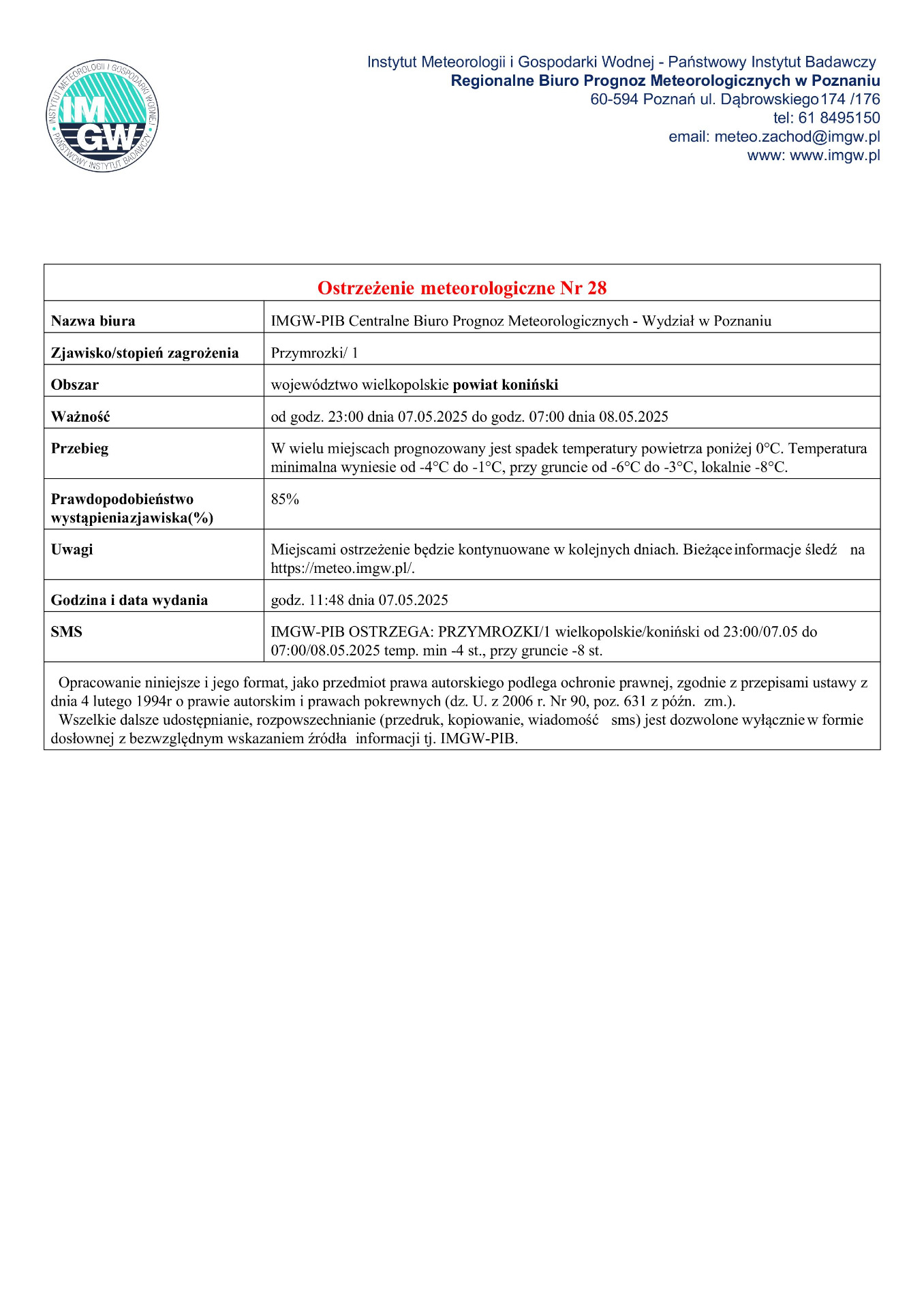 Komunikat ostrzegawczy - przymrozki