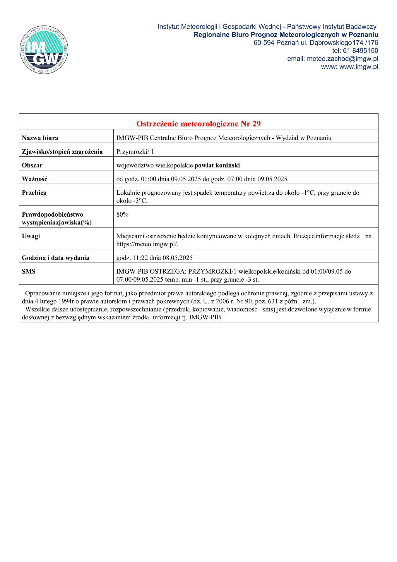 Komunikat ostrzegawczy - przymrozki