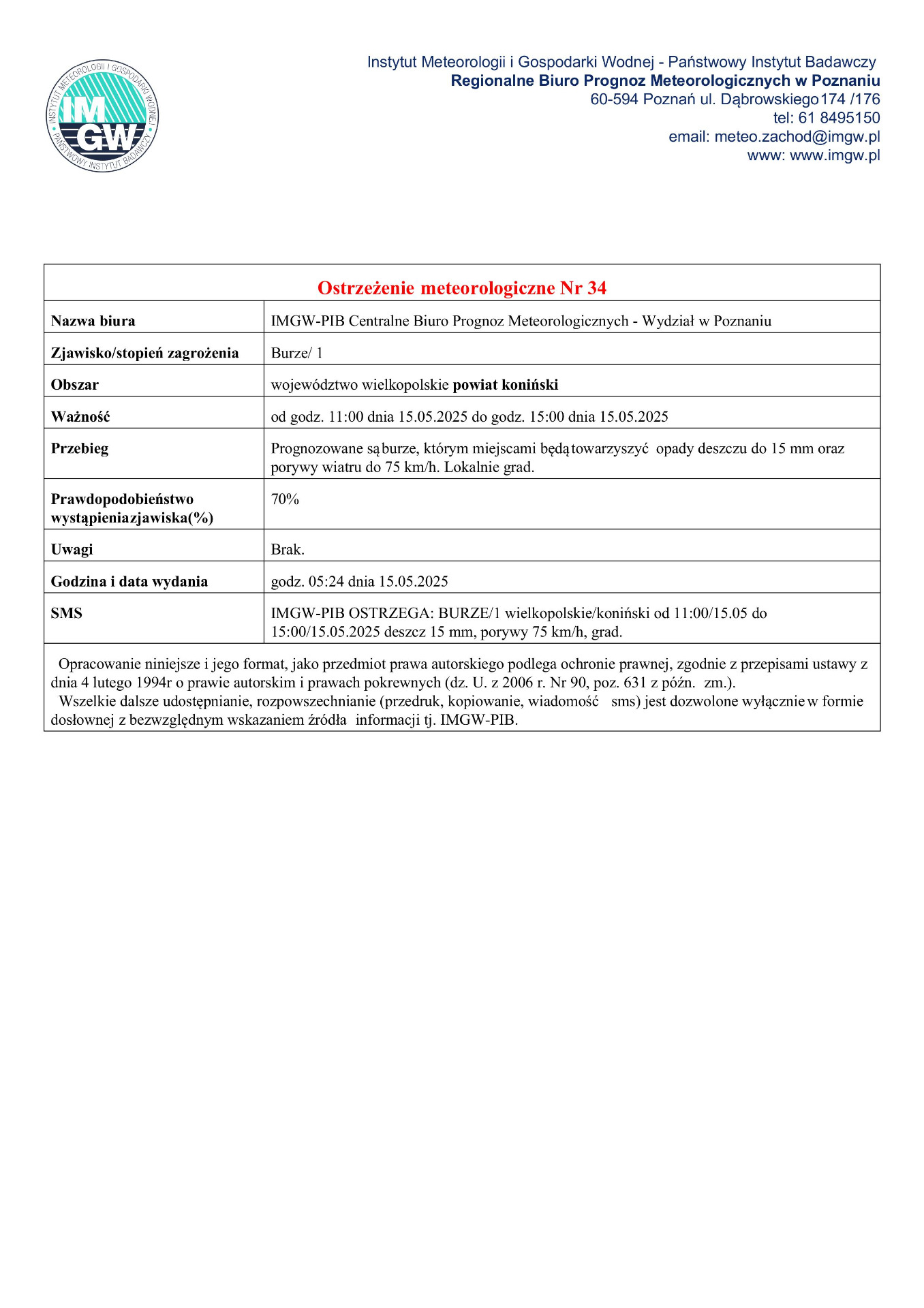 Komunikat ostrzegawczy - burze