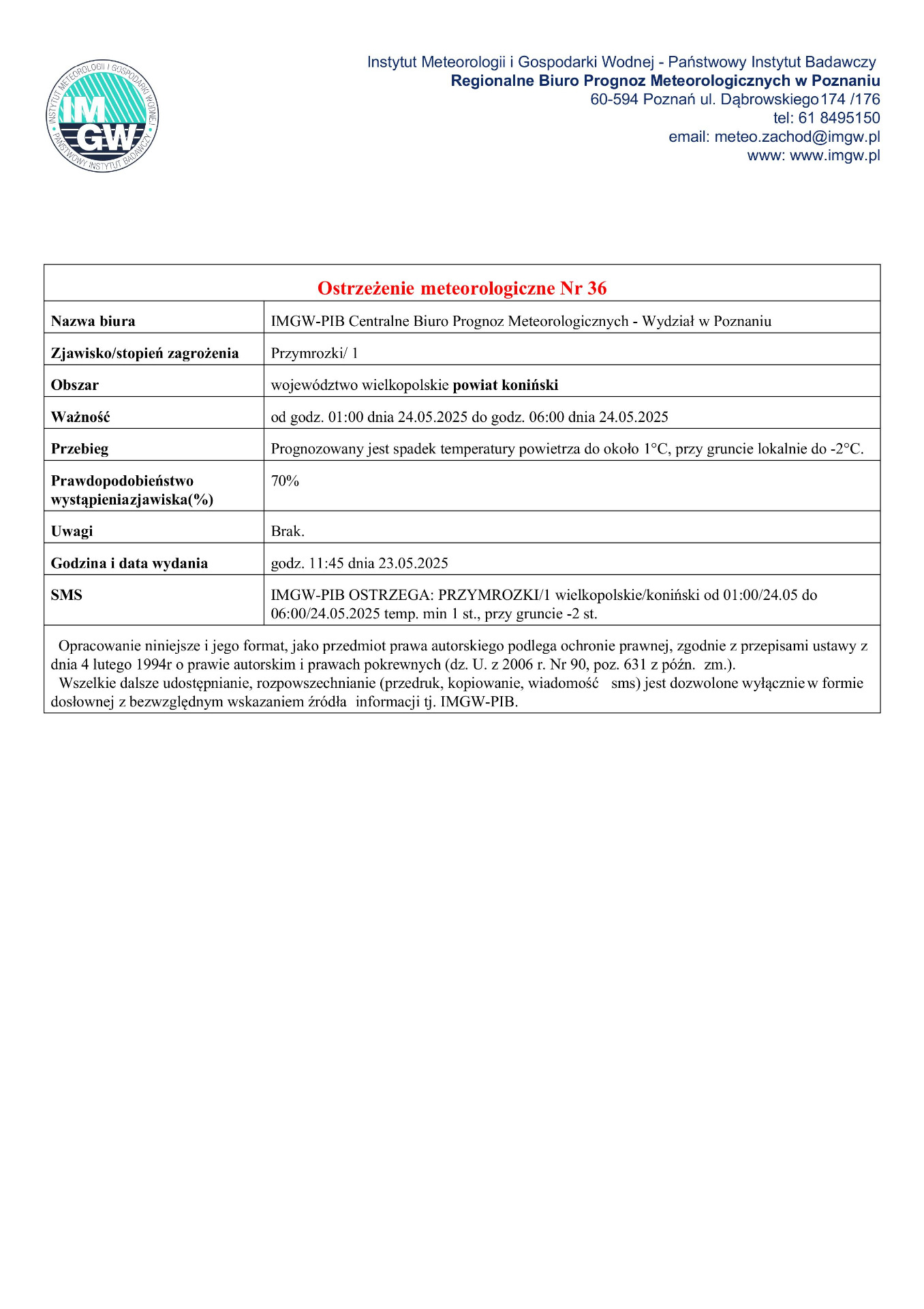 Komunikat ostrzegawczy - przymrozki