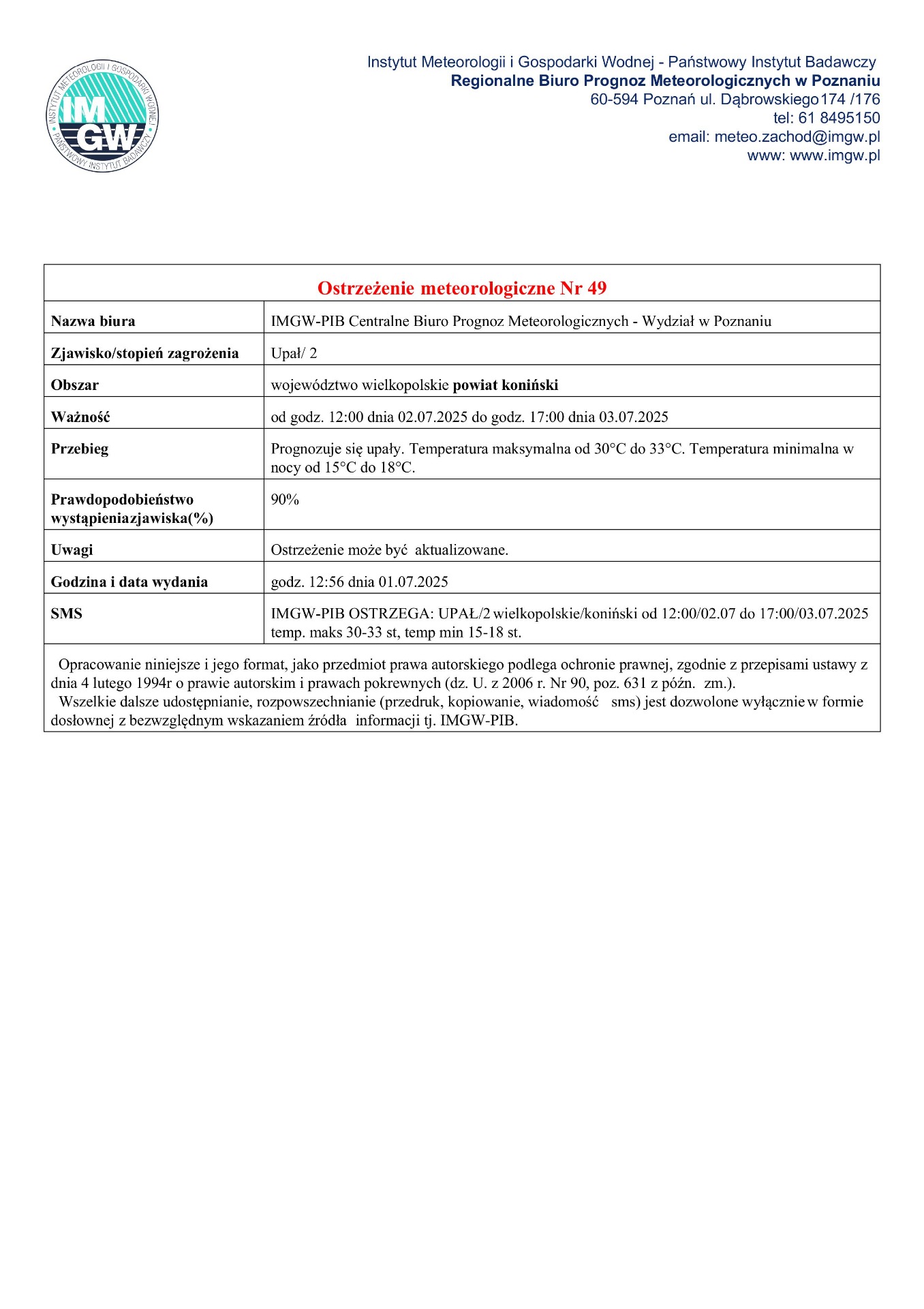 Komunikat ostrzegawczy - upał.