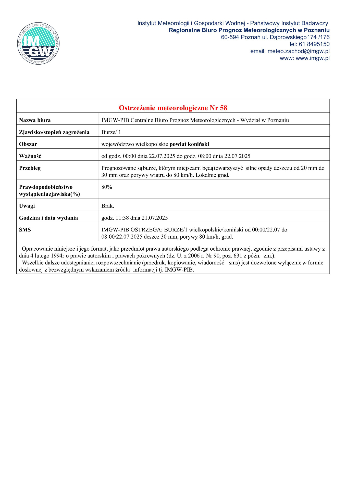 Komunikat ostrzegawczy - burze.