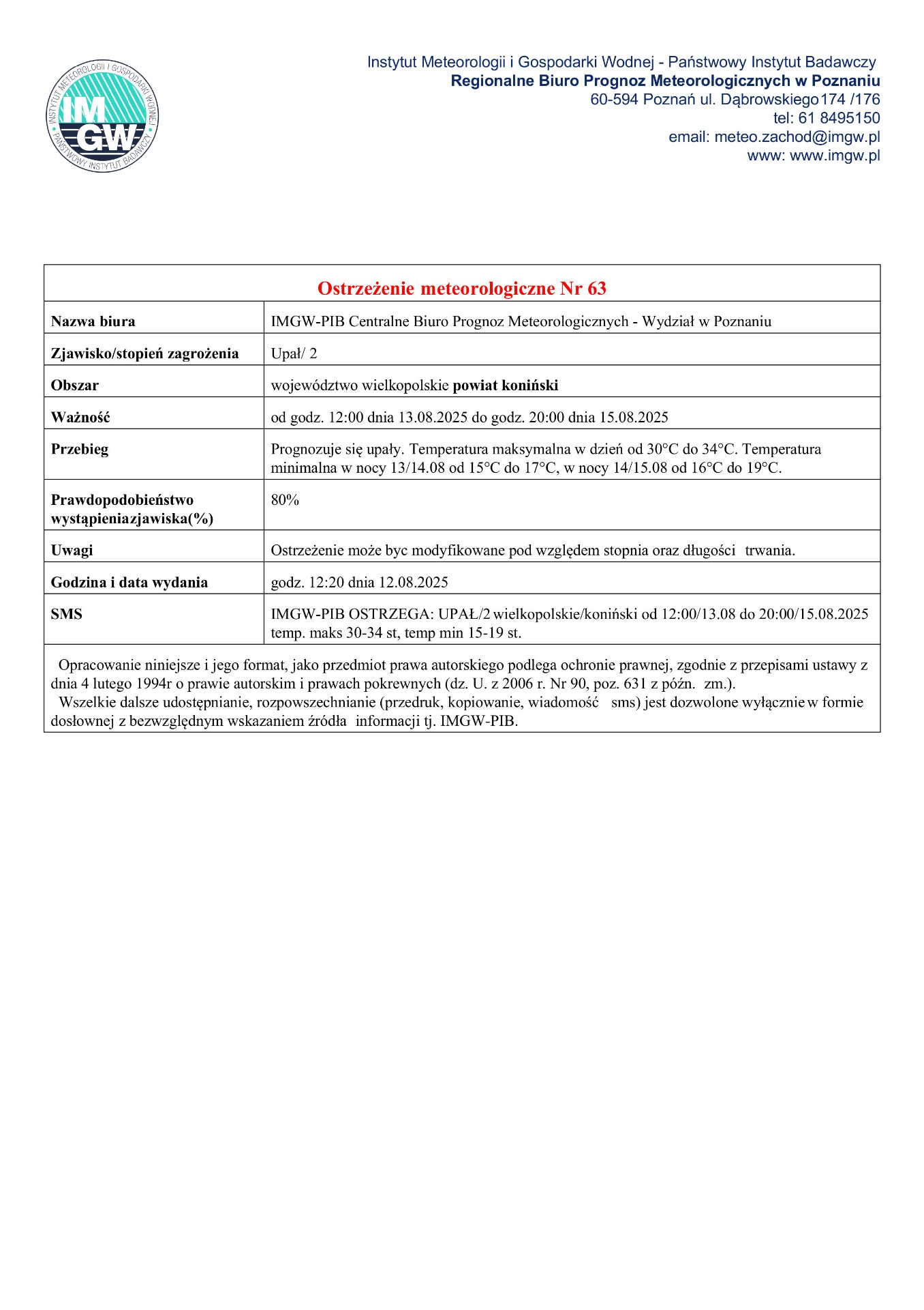 Komunikat ostrzegawczy - upał.