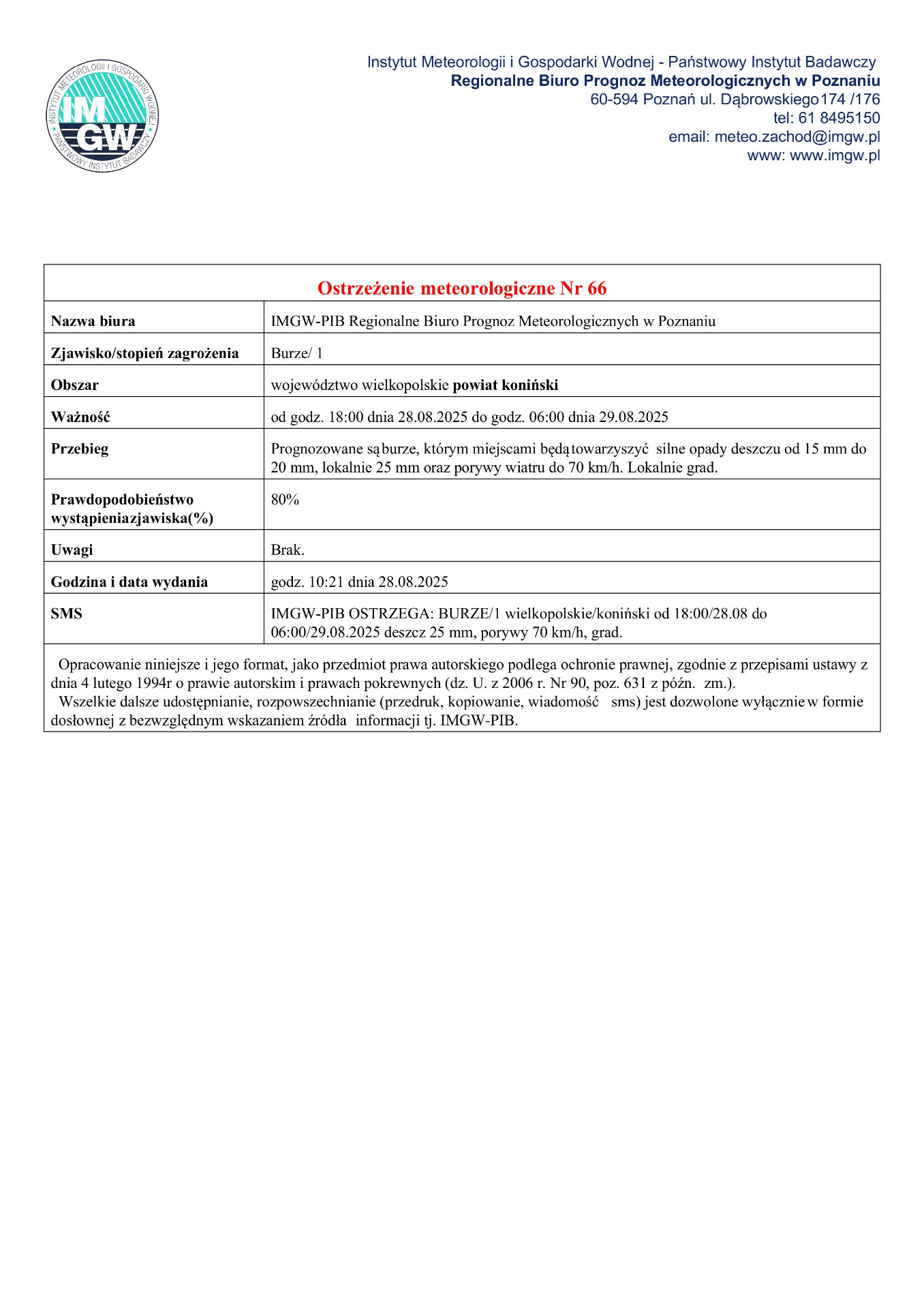 Komunikat ostrzegawczy - burze.