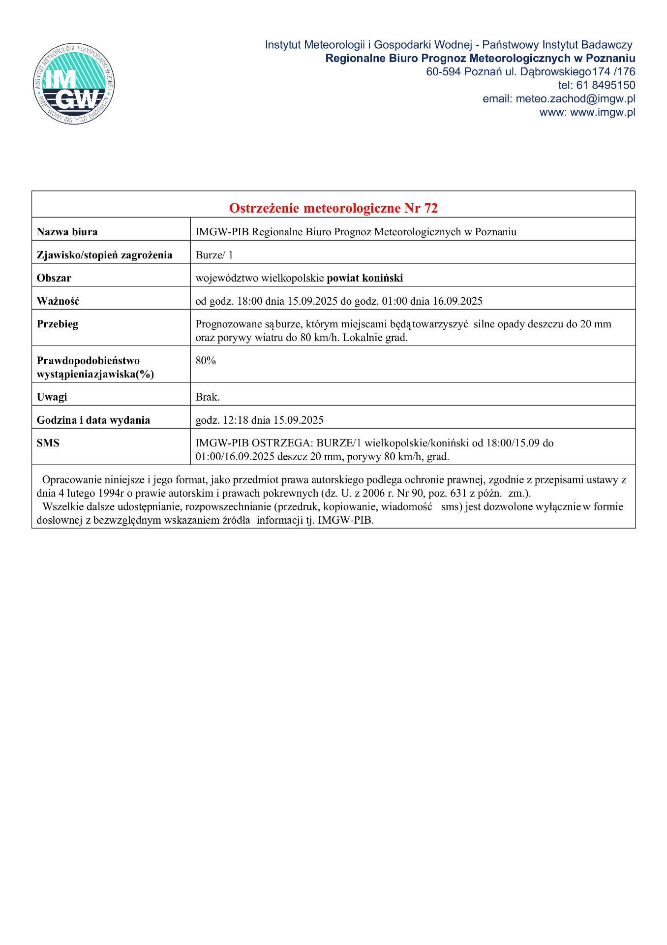 Komunikat ostrzegawczy - burze.