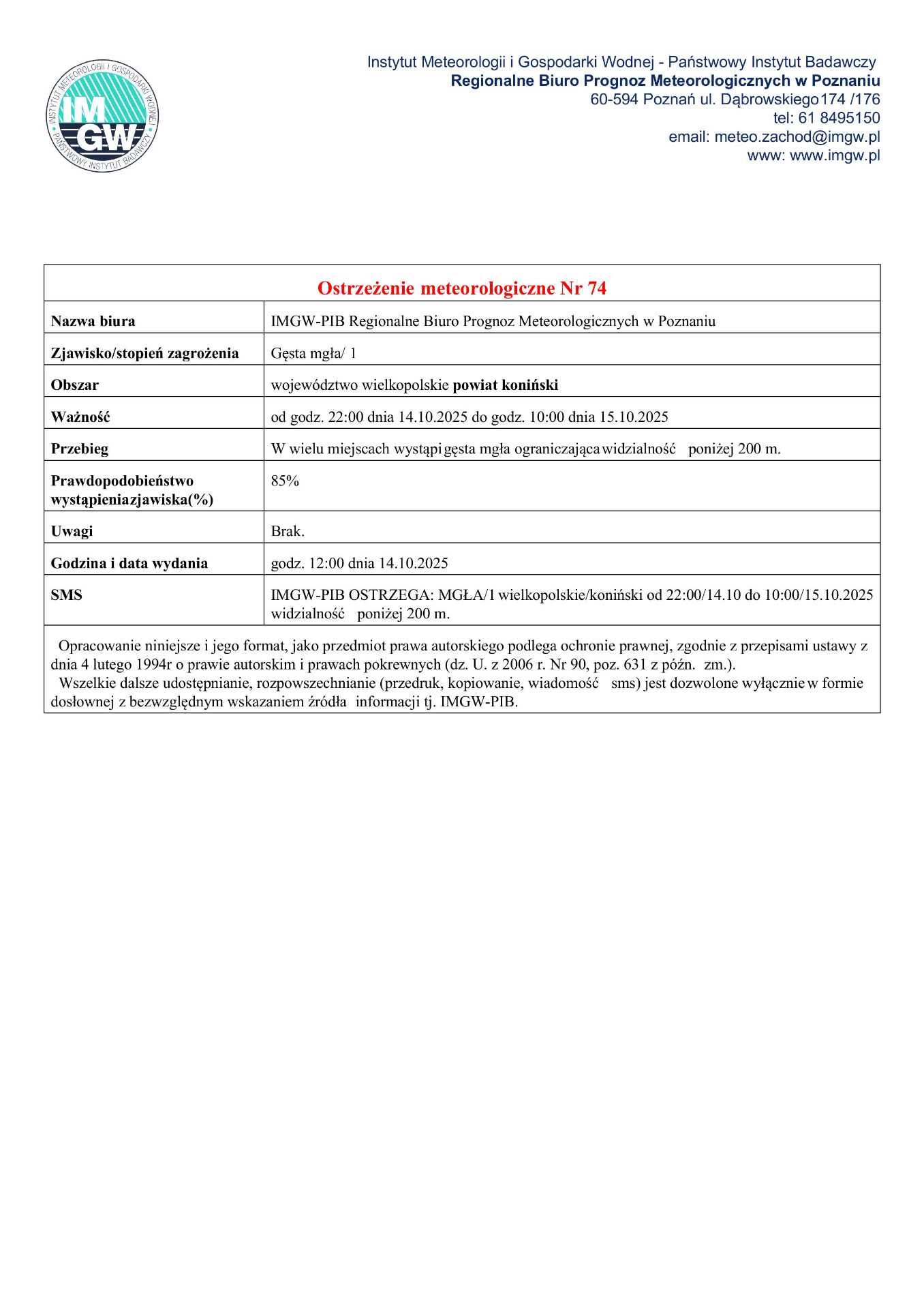 Komunikat ostrzegawczy - gęsta mgła