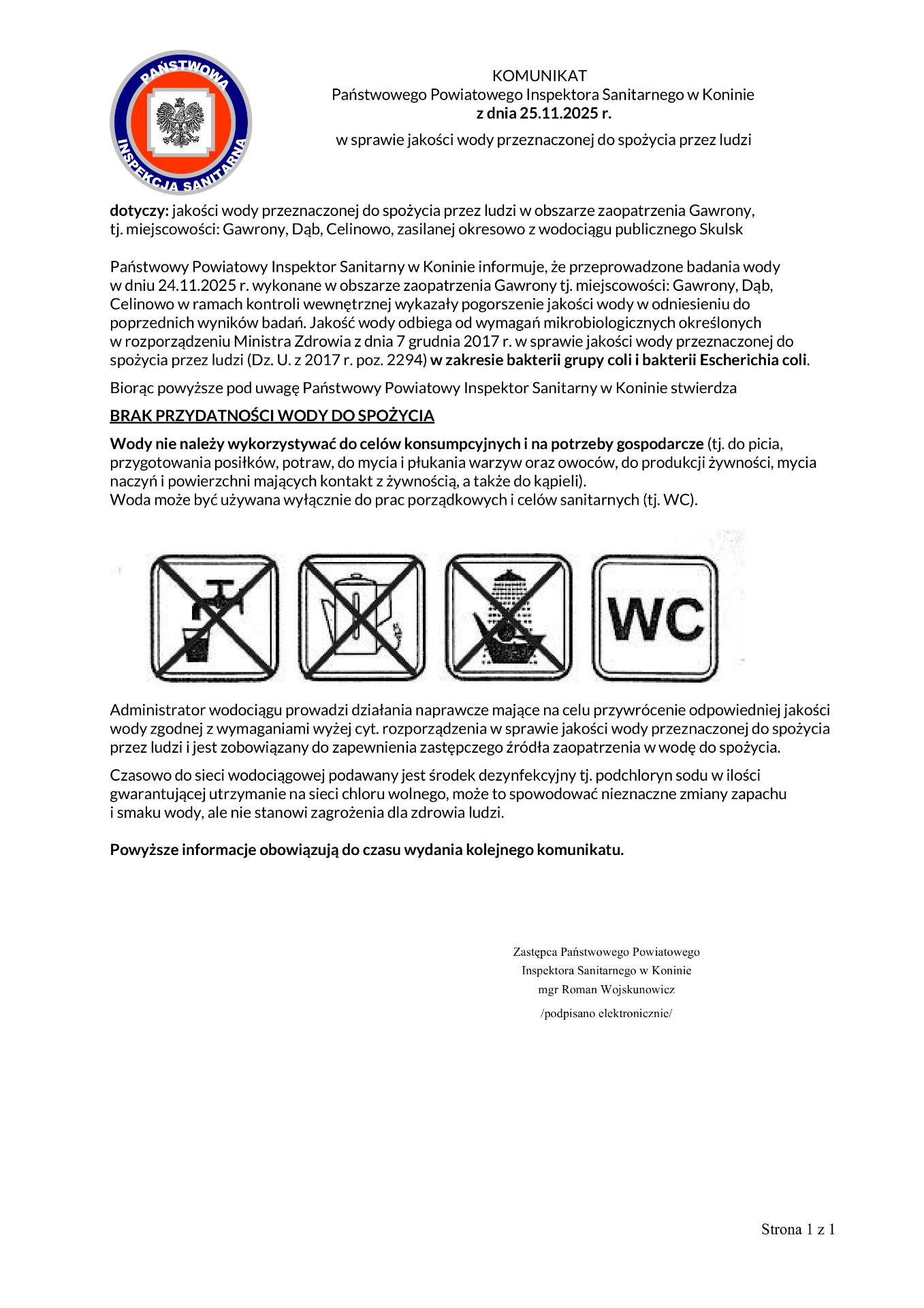 Komunikat Państwowego Inspektora Sanitarnego w Koninie.