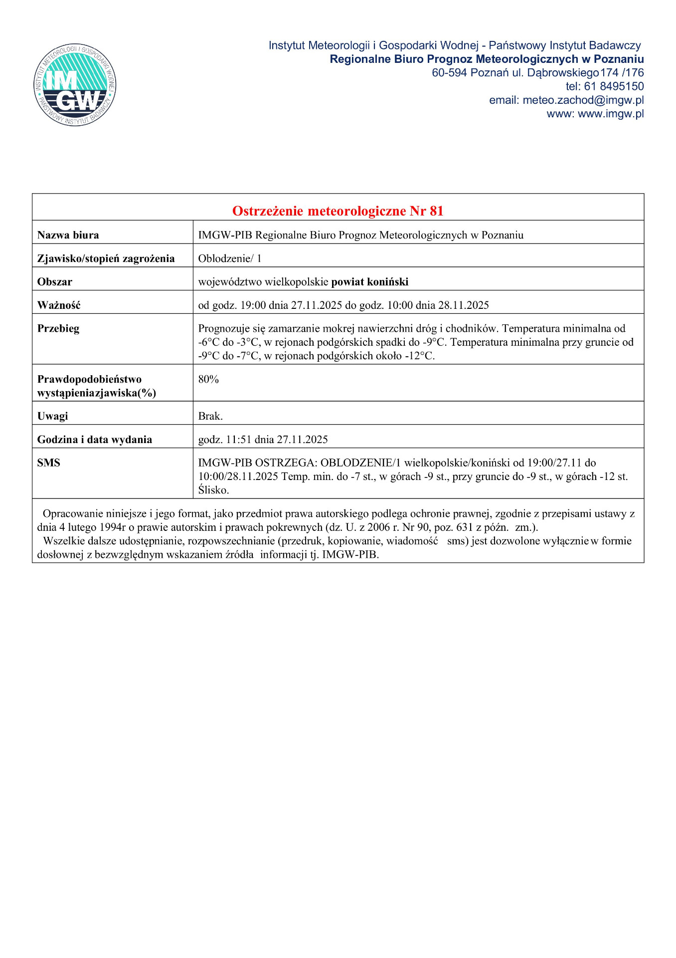 Komunikat ostrzegawczy - oblodzenie