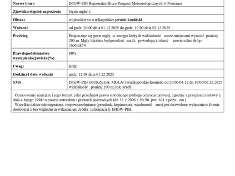 Komunikat ostrzegawczy - gęsta mgła