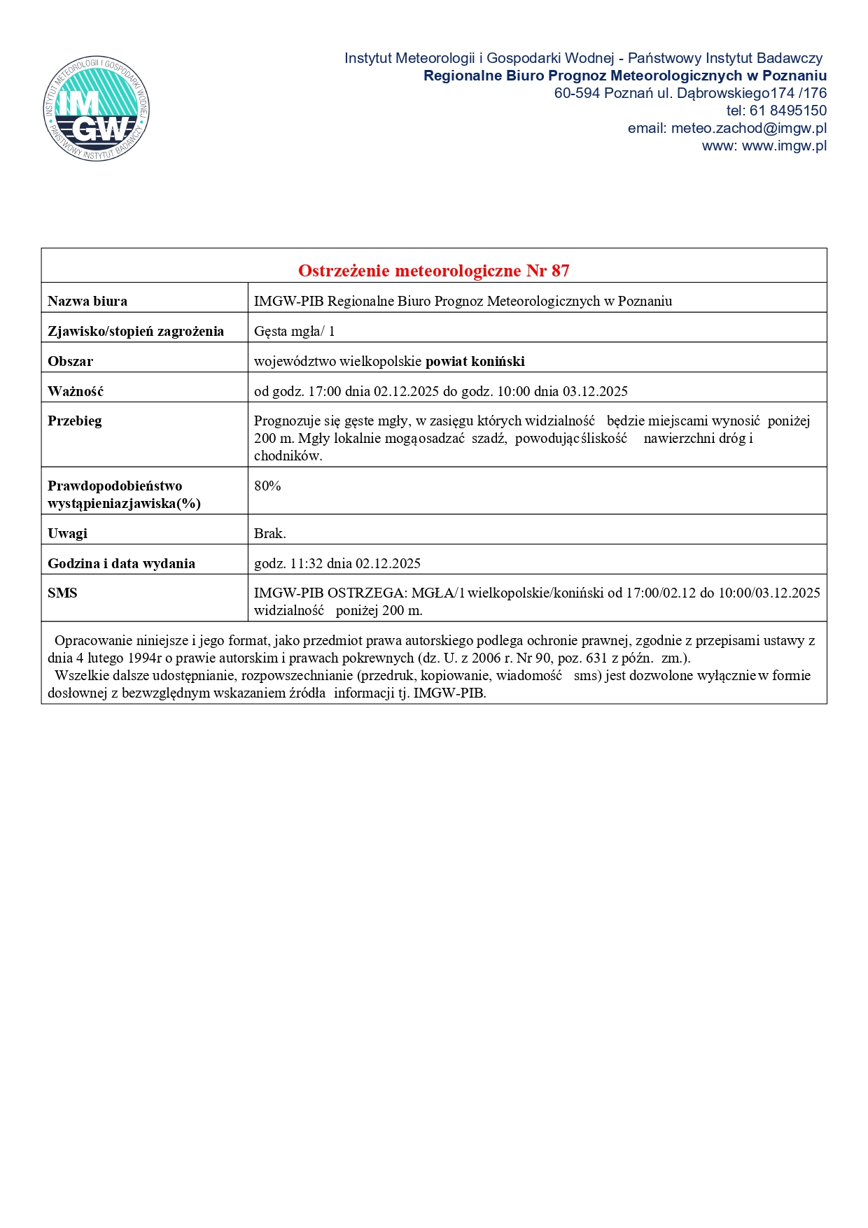 Komunikat ostrzegawczy - gęsta mgła.