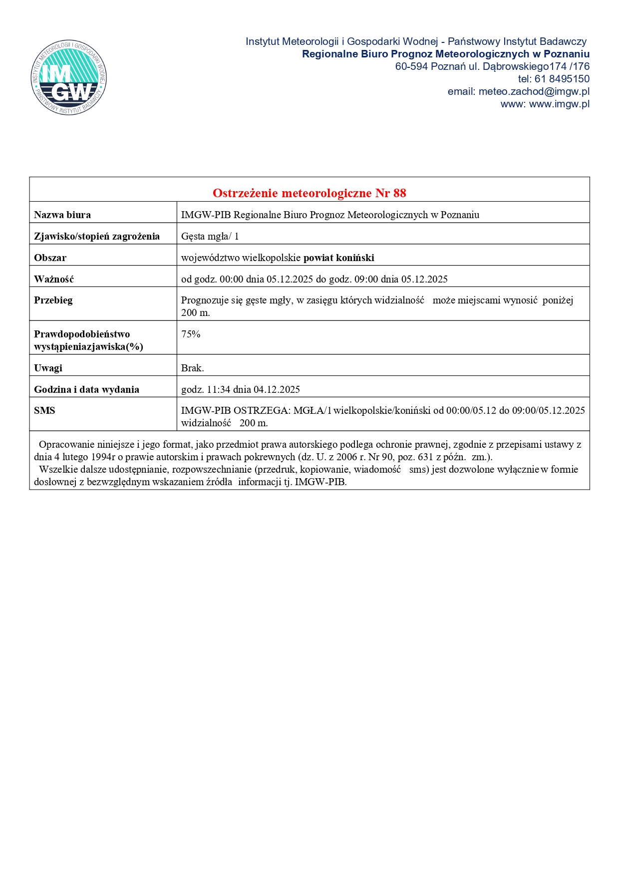 Komunikat ostrzegawczy - gęsta mgła.