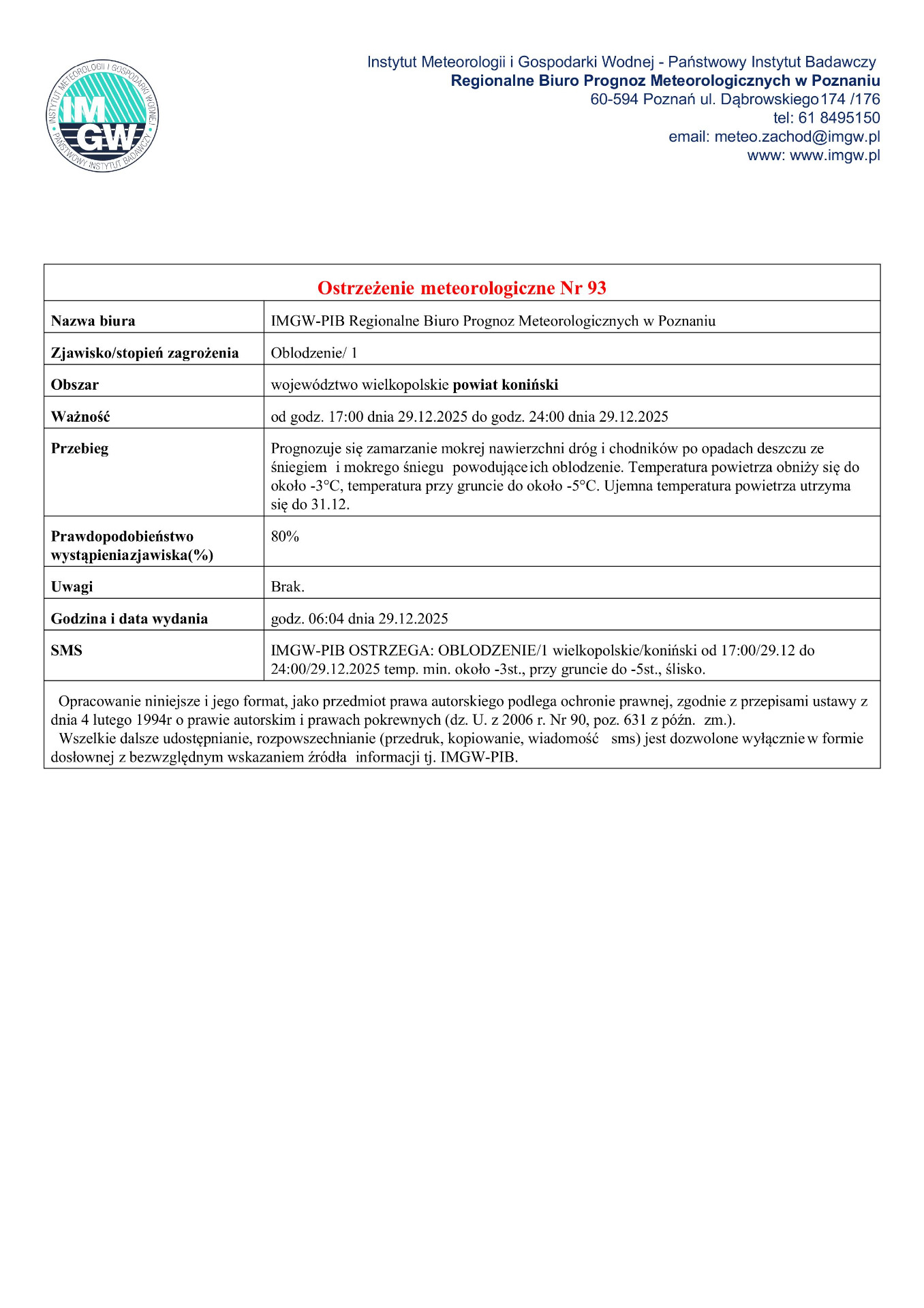 Komunikat ostrzegawczy - oblodzenie