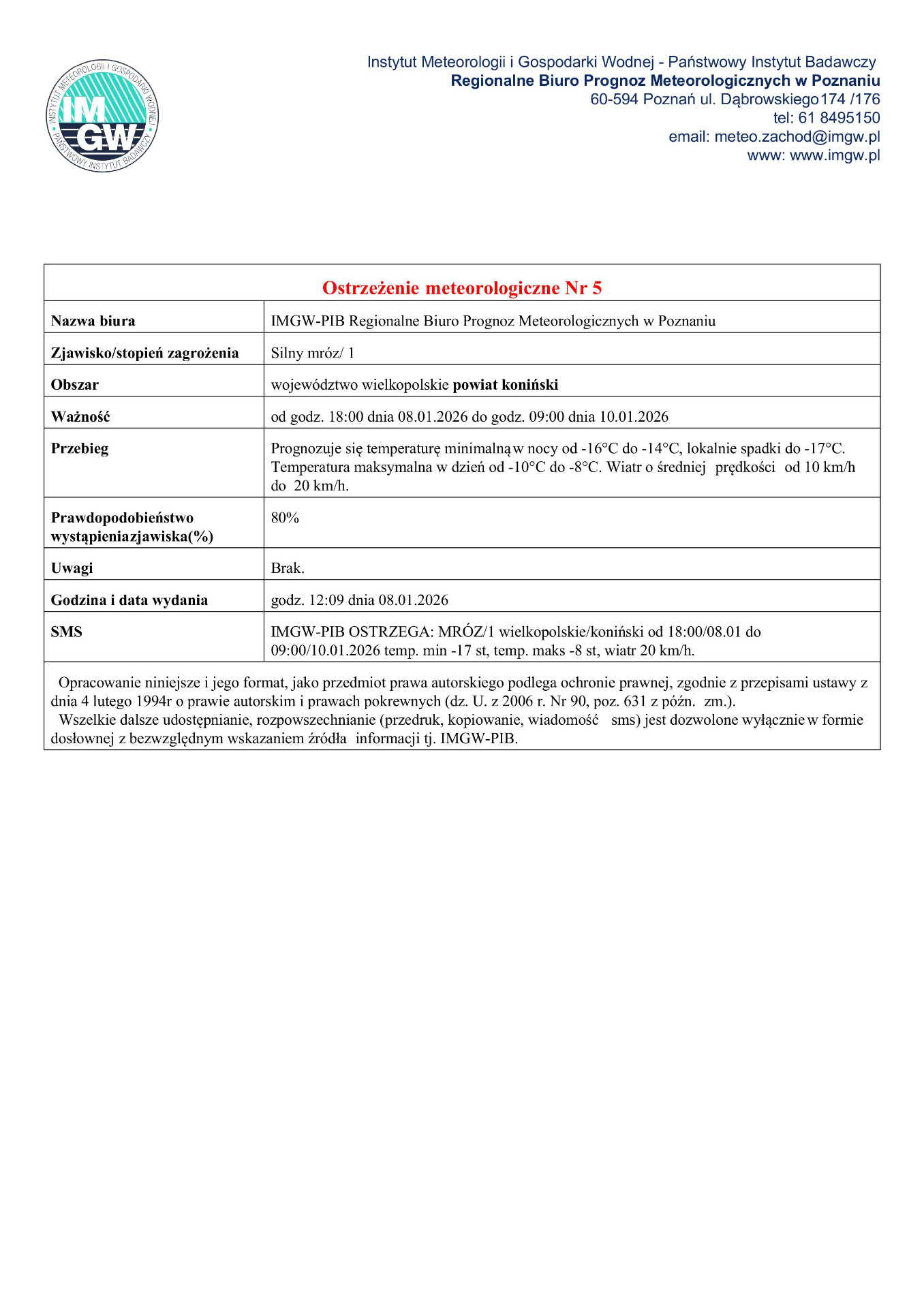 Komunikat ostrzegawczy - silny mróz.