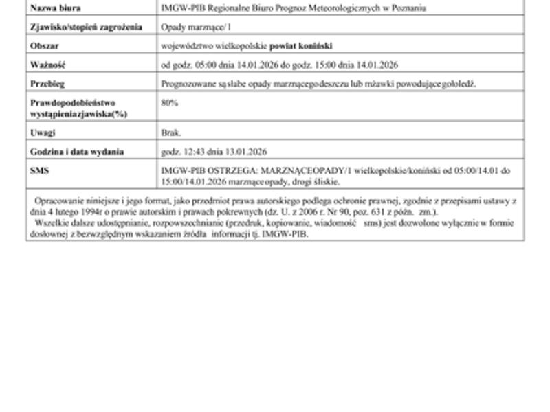 Komunikat ostrzegawczy - marznące odpady