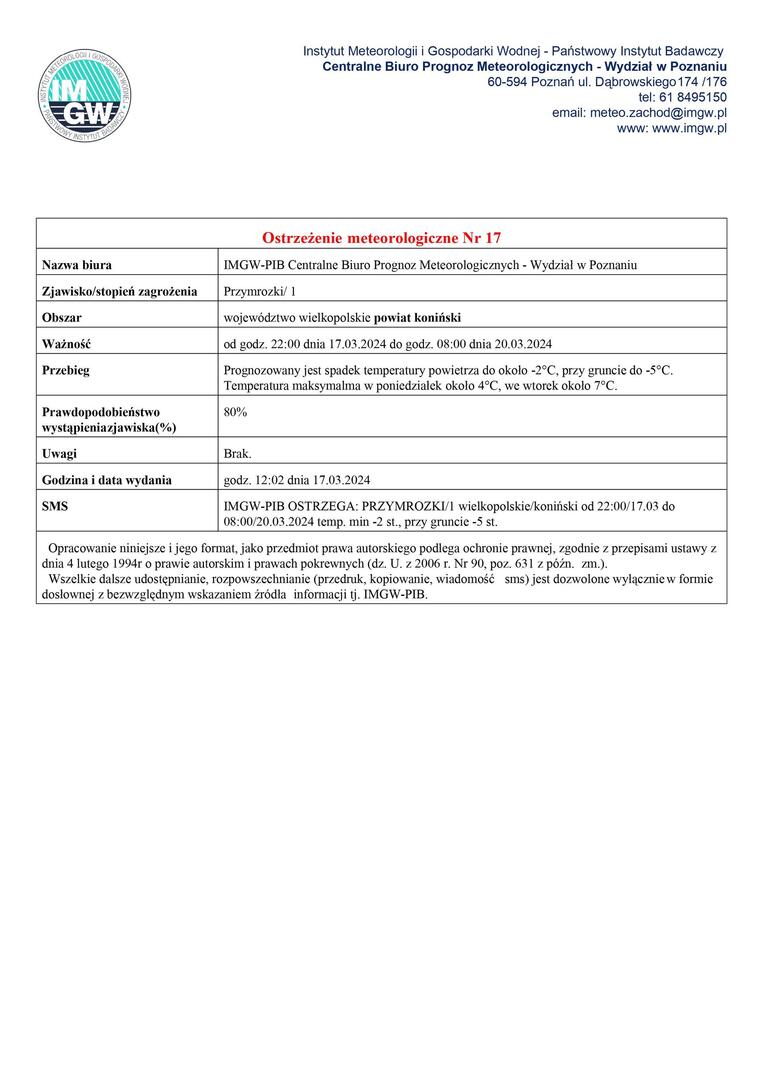 Komunikat ostrzegawczy - przymrozki.
