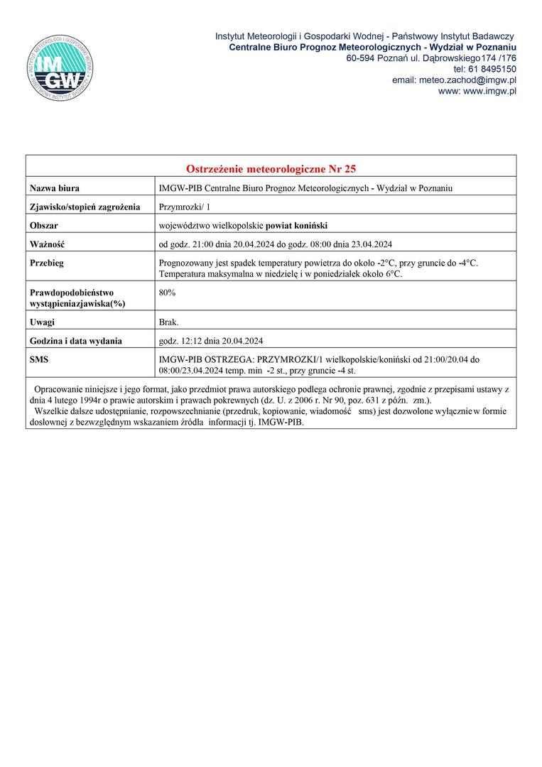 Komunikat ostrzegawczy - przymrozki
