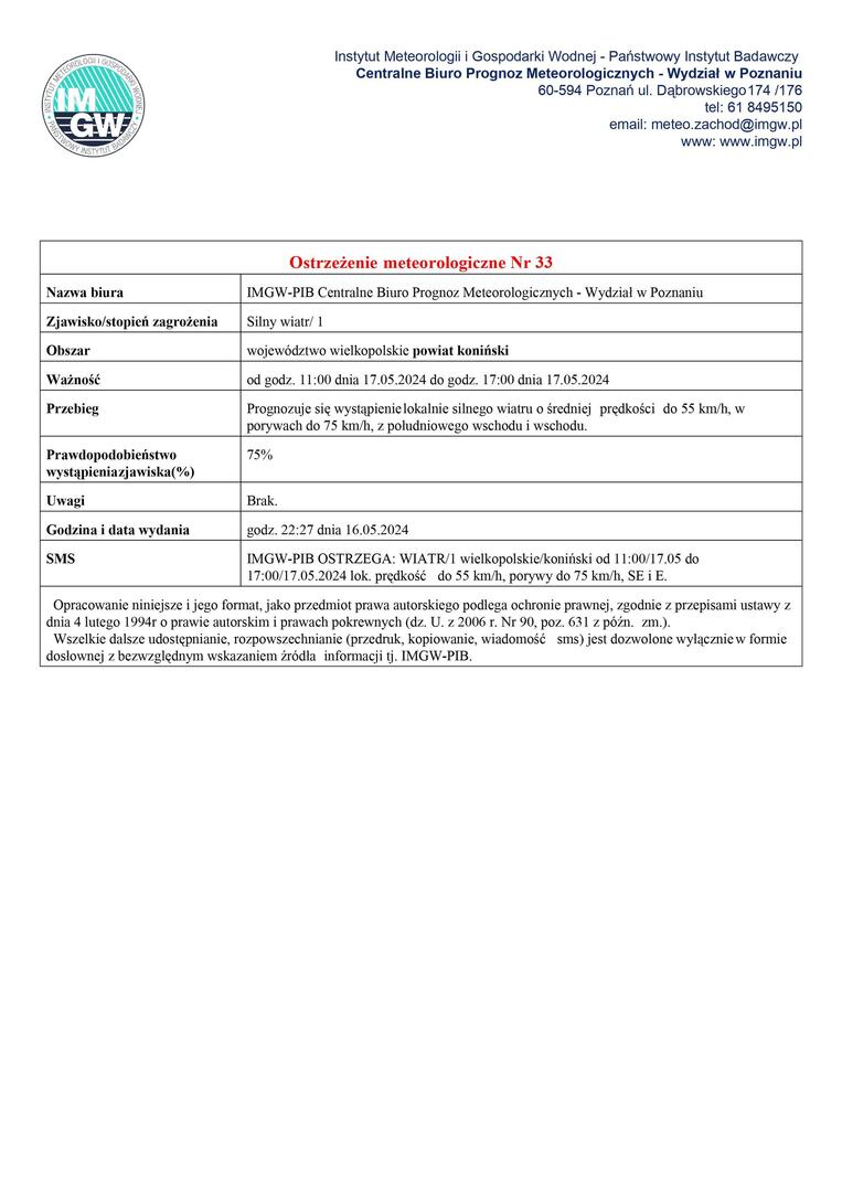 Komunikat ostrzegawczy - silny wiatr
