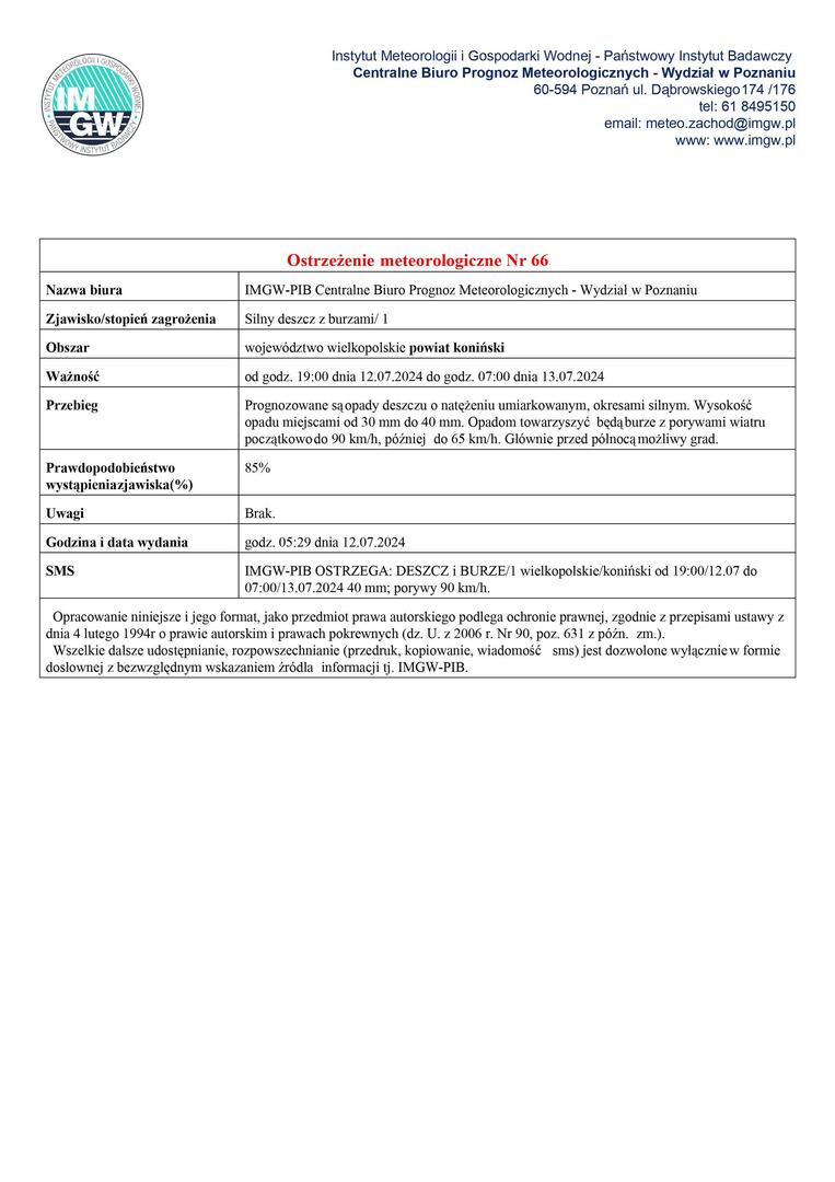 Komunikat ostrzegawczy - silny deszcz z burzami