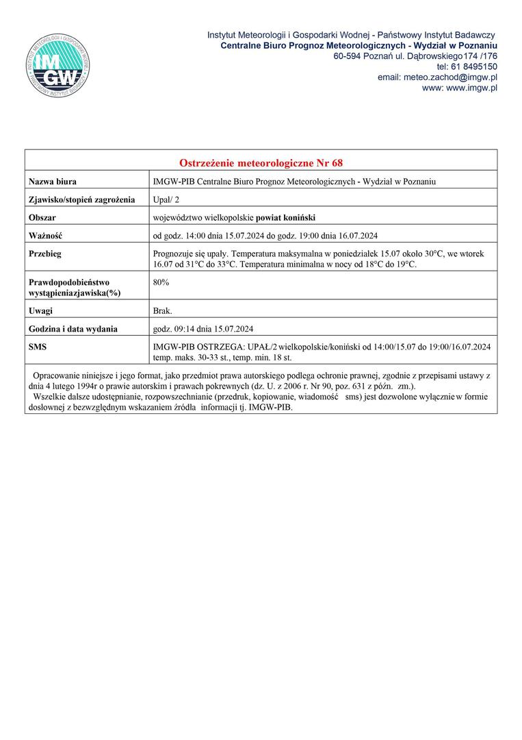 Komunikat ostrzegawczy - upał