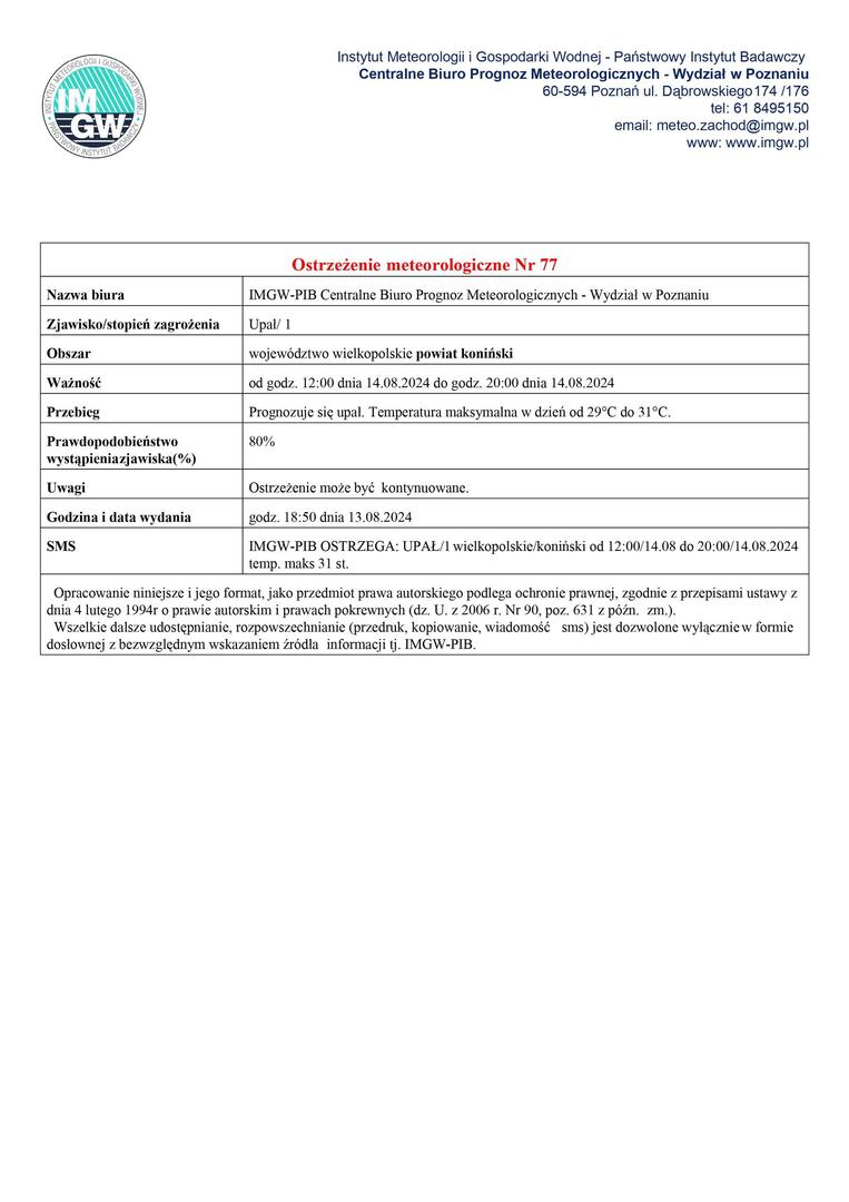 Komunikat ostrzegawczy - upał.