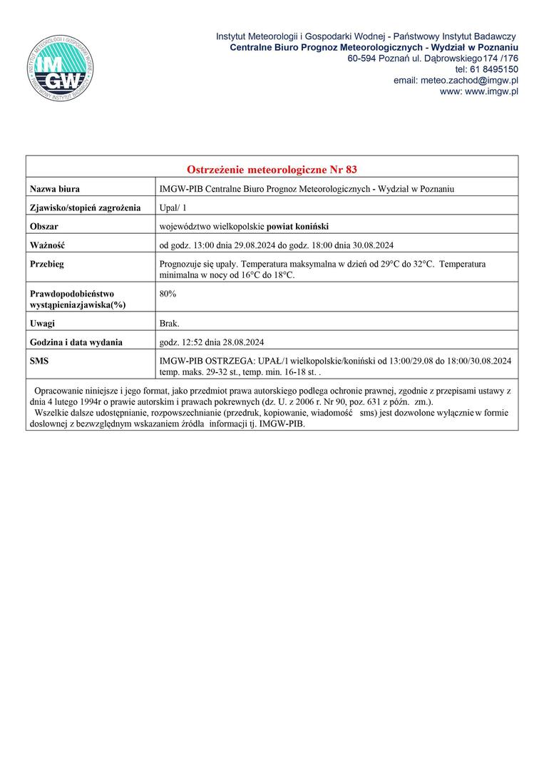 Komunikat ostrzegawczy - upał.