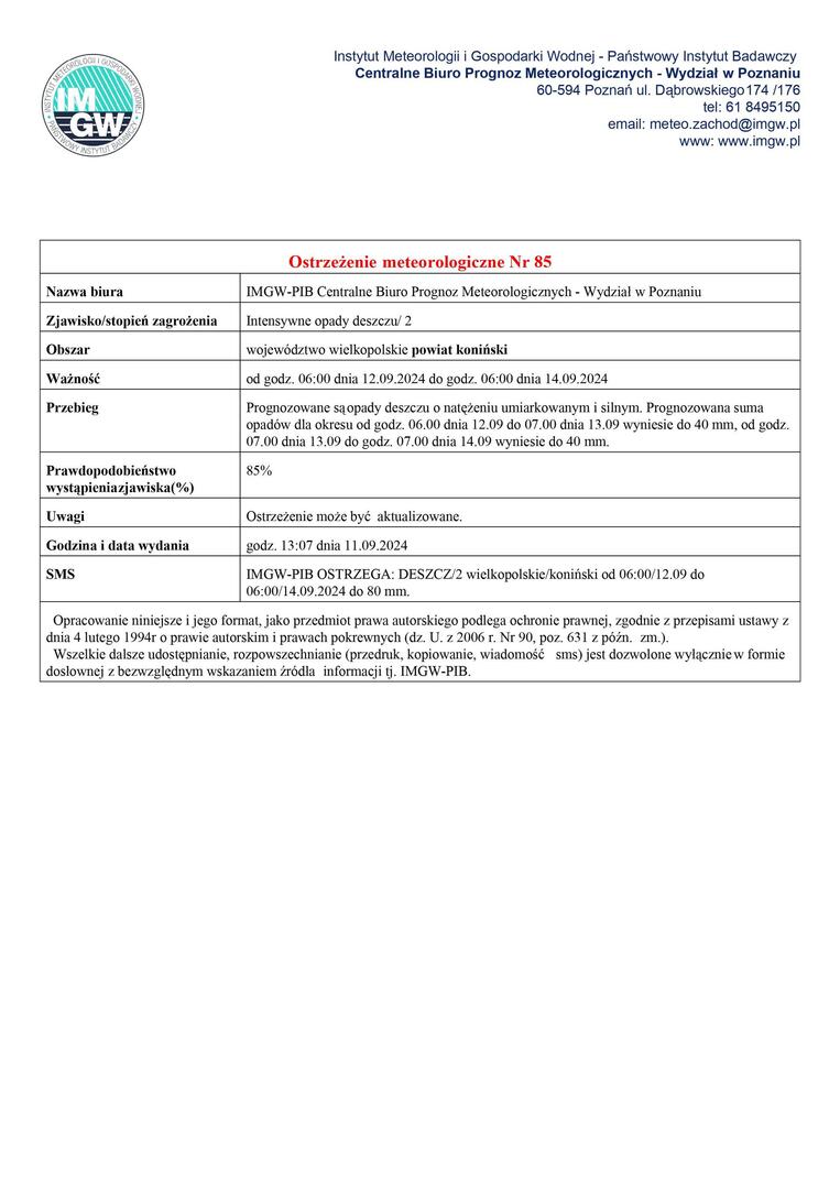 Komunikat ostrzegawczy - intensywne opady deszczu.