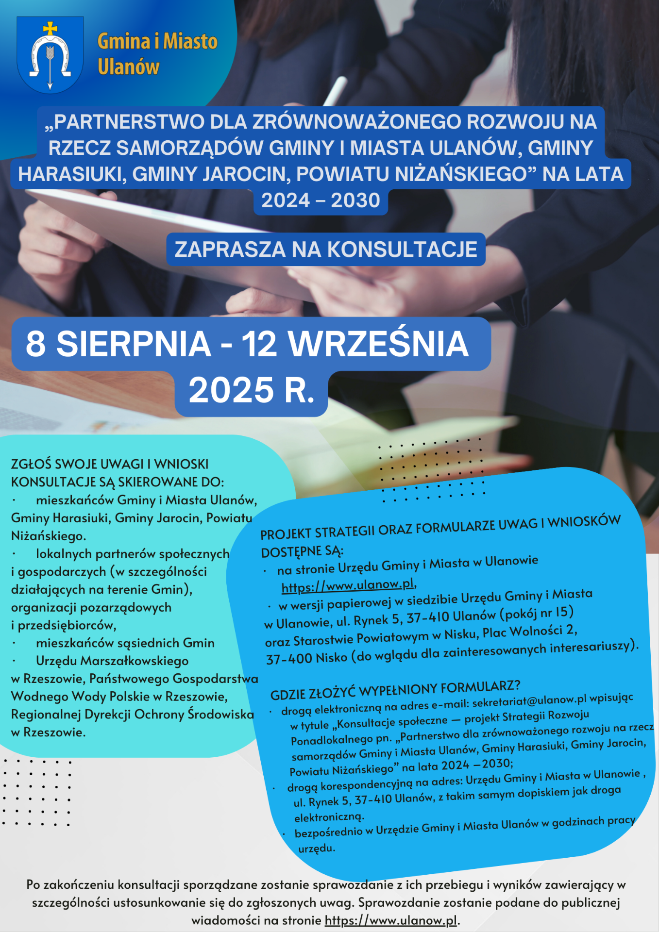 Trwają konsultacje nad projektem dokumentu Strategia Rozwoju Ponadlokalnego "Partnerstwo dla zrównoważonego rozwoju na rzecz samorządów Gminy i Miasta Ulanów, Gminy Harasiuki, Gminy Jarocin, Powiatu Niżańskiego" na lata 2024 - 20230