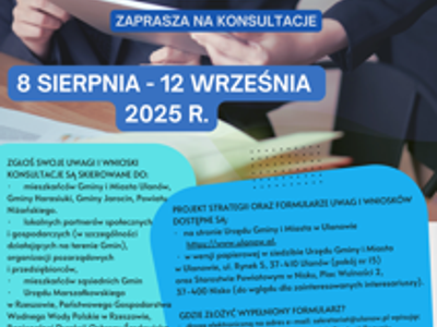 Trwają konsultacje nad projektem dokumentu Strategia Rozwoju Ponadlokalnego "Partnerstwo dla zrównoważonego rozwoju na rzecz samorządów Gminy i Miasta Ulanów, Gminy Harasiuki, Gminy Jarocin, Powiatu Niżańskiego" na lata 2024 - 20230