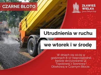 W dniach 09-10.09 w godzinach 8-17 nieprzejezdne będzie skrzyżowanie ul. Topolowej z Sosnową i Oliwkową w Czarnym Błocie. W tych godzinach nie będzie możliwy dojazd do dalej położonych części osiedla mieszkaniowego w kierunku ul. Koziej