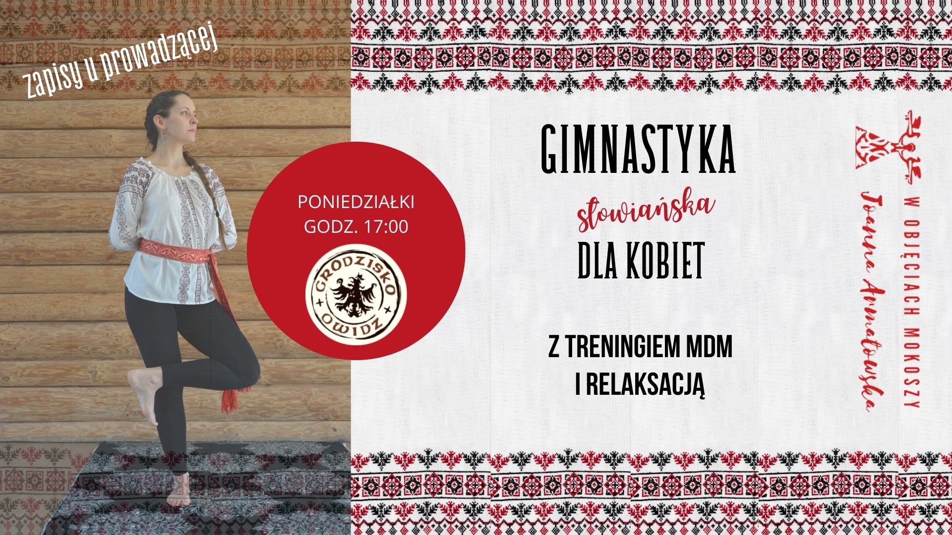 Plakat na gimnastykę słowiańską ze zdjęciem prowadzącej.