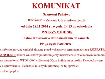 Tymczasowe wstrzymanie naboru wniosków w ramach programu Czyste Powietrze