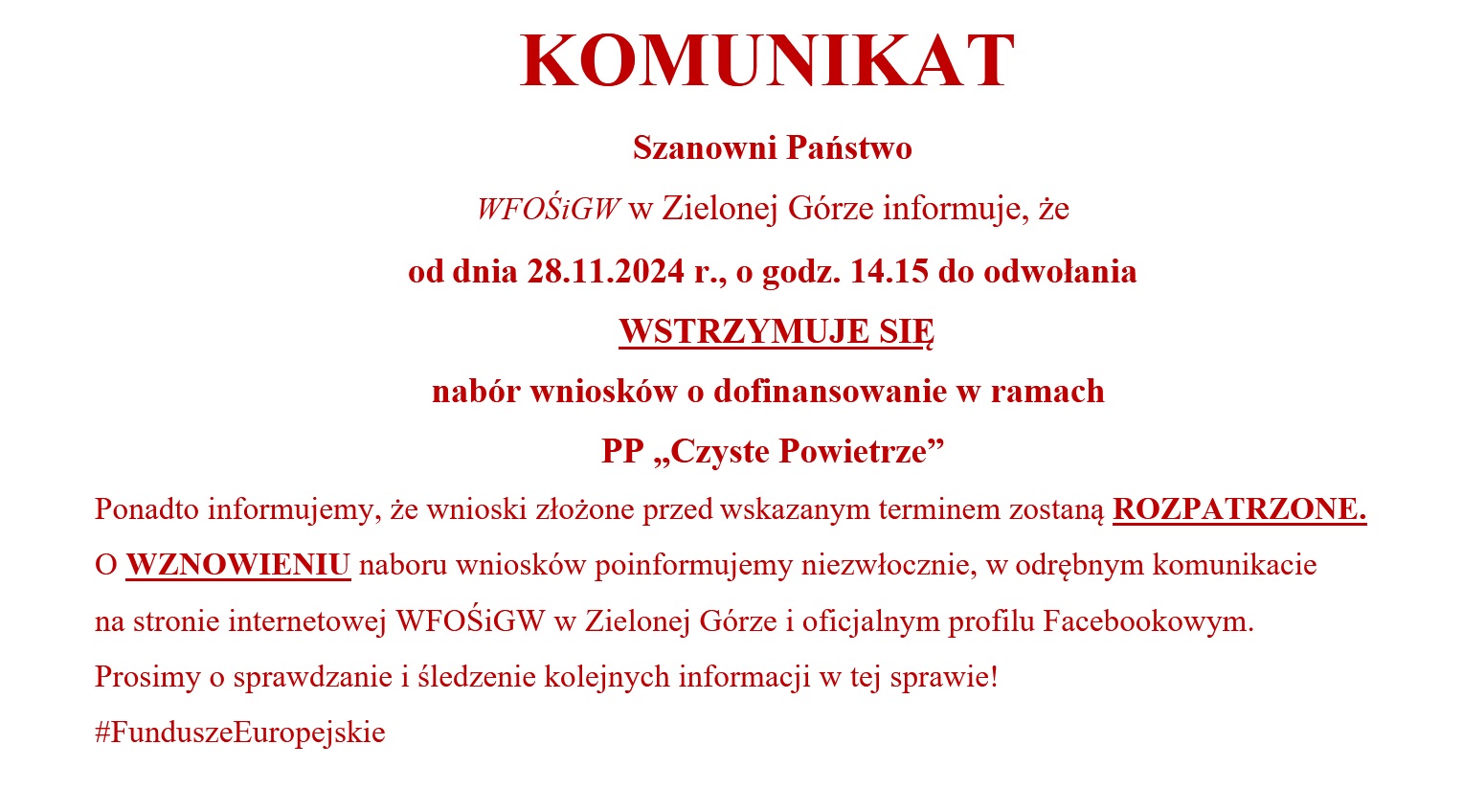 Tymczasowe wstrzymanie naboru wniosków w ramach programu Czyste Powietrze