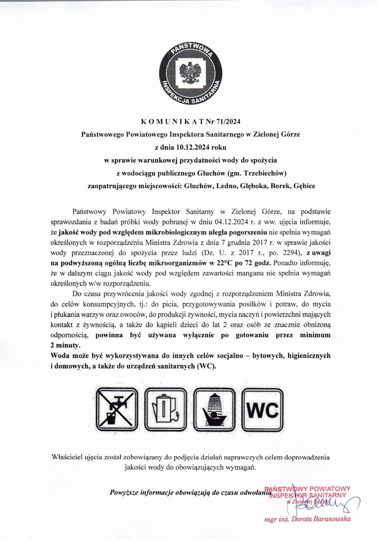Komunikat w sprawie warunkowej przydatności wody do spożycia