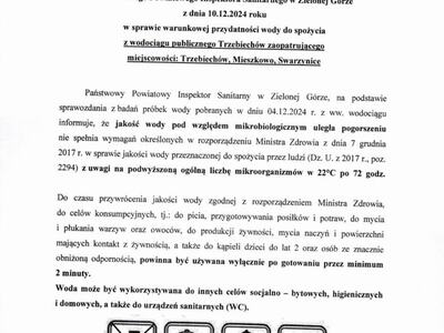 Komunikat w sprawie warunkowej przydatności wody do spożycia