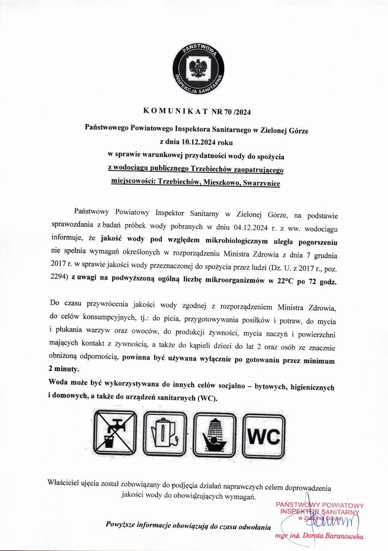 Komunikat w sprawie warunkowej przydatności wody do spożycia