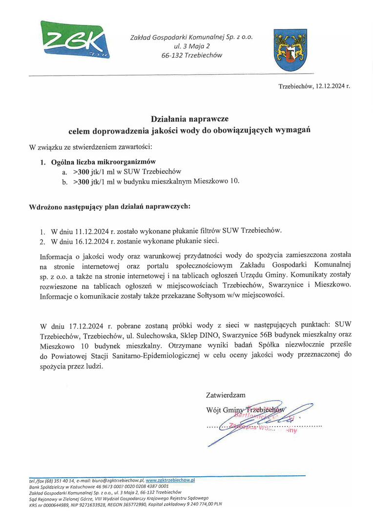 Działania naprawcze celem doprowadzenia jakości wody do obowiązujących wymagań