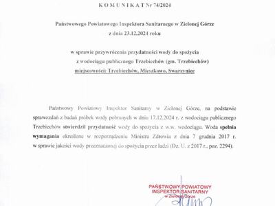 Komunikat w sprawie przywrócenia przydatności wody do spożycia z wodociągu publicznego Trzebiechów