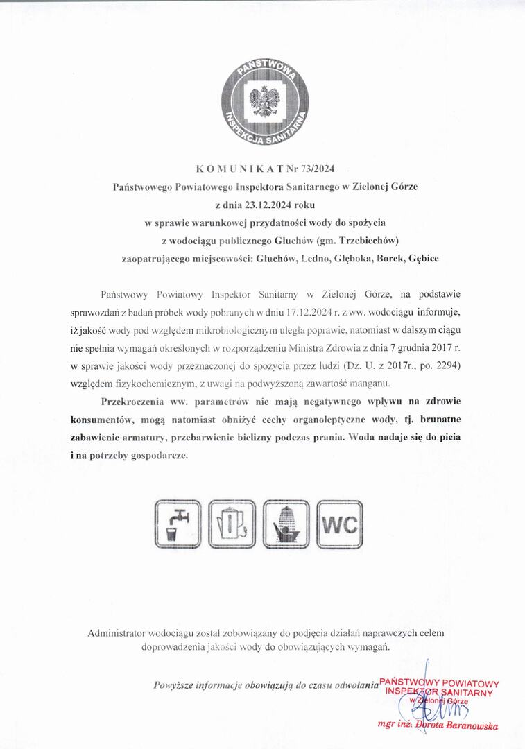 Komunikat w sprawie przywrócenia przydatności wody do spożycia z wodociągu publicznego Głuchów