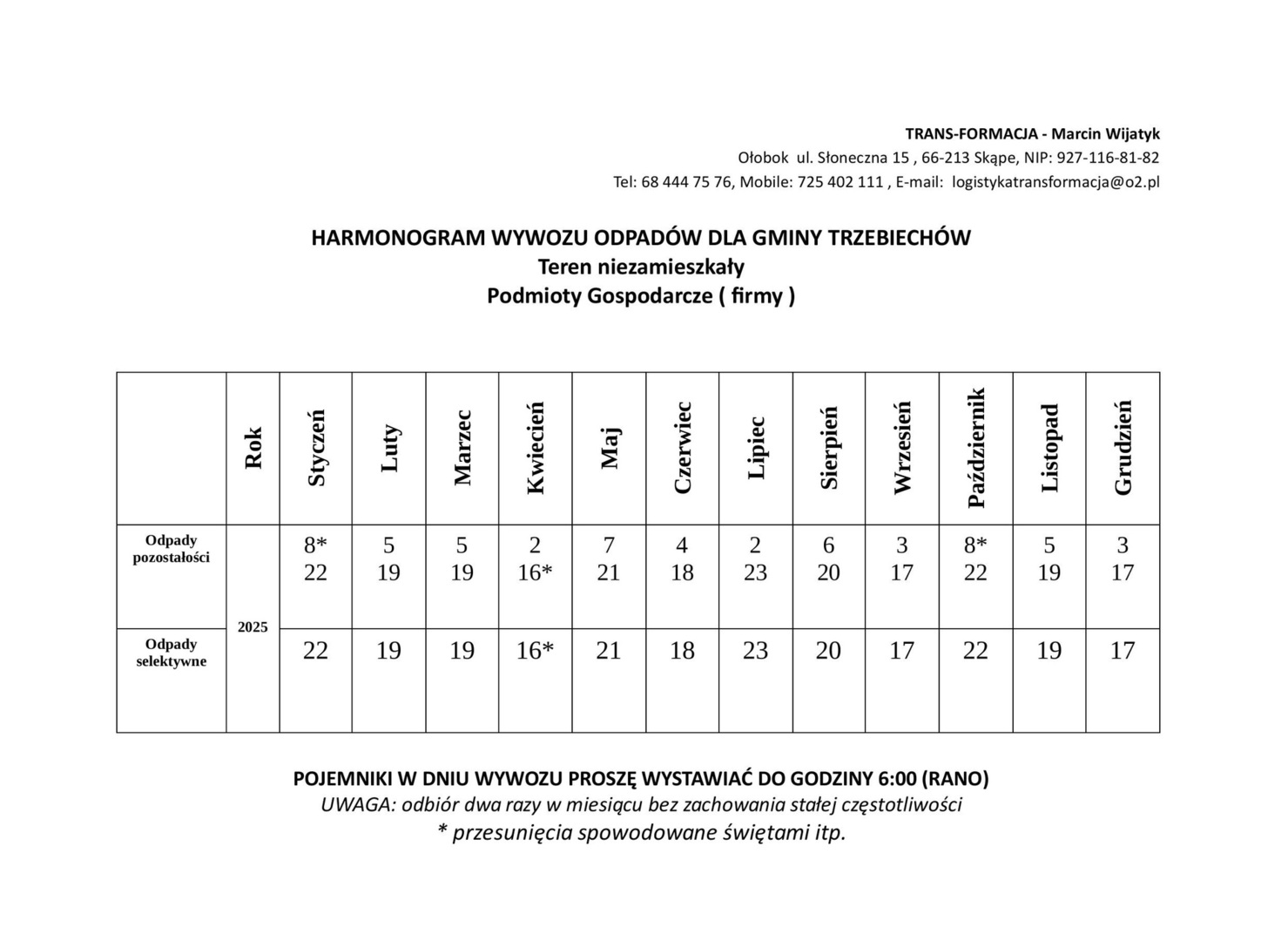HARMONOGRAM WYWOZU ODPADÓW - Teren niezamieszkały Podmioty Gospodarcze ( firmy )
