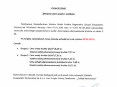 Ogłoszenie - Zmiany cen wody i ścieków