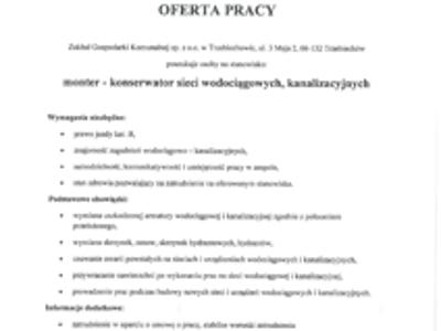 Oferta pracy - konserwator sieci wodociągowych, kanalizacyjnych 1