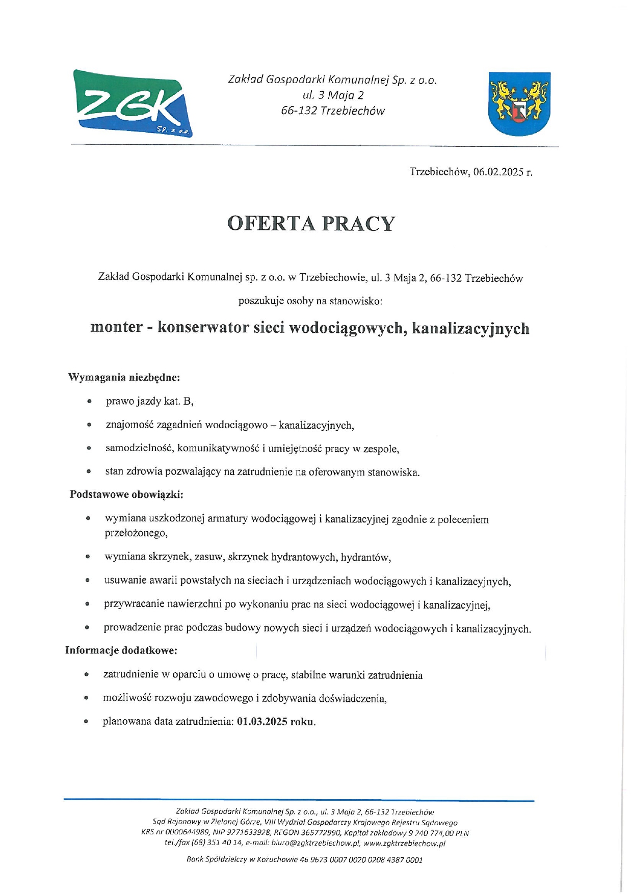 Oferta pracy - konserwator sieci wodociągowych, kanalizacyjnych 1