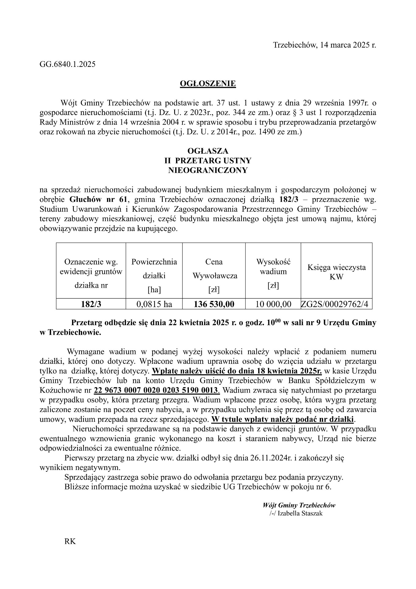 Wójt Gminy Trzebiechów ogłasza II przetarg ustny nieograniczony