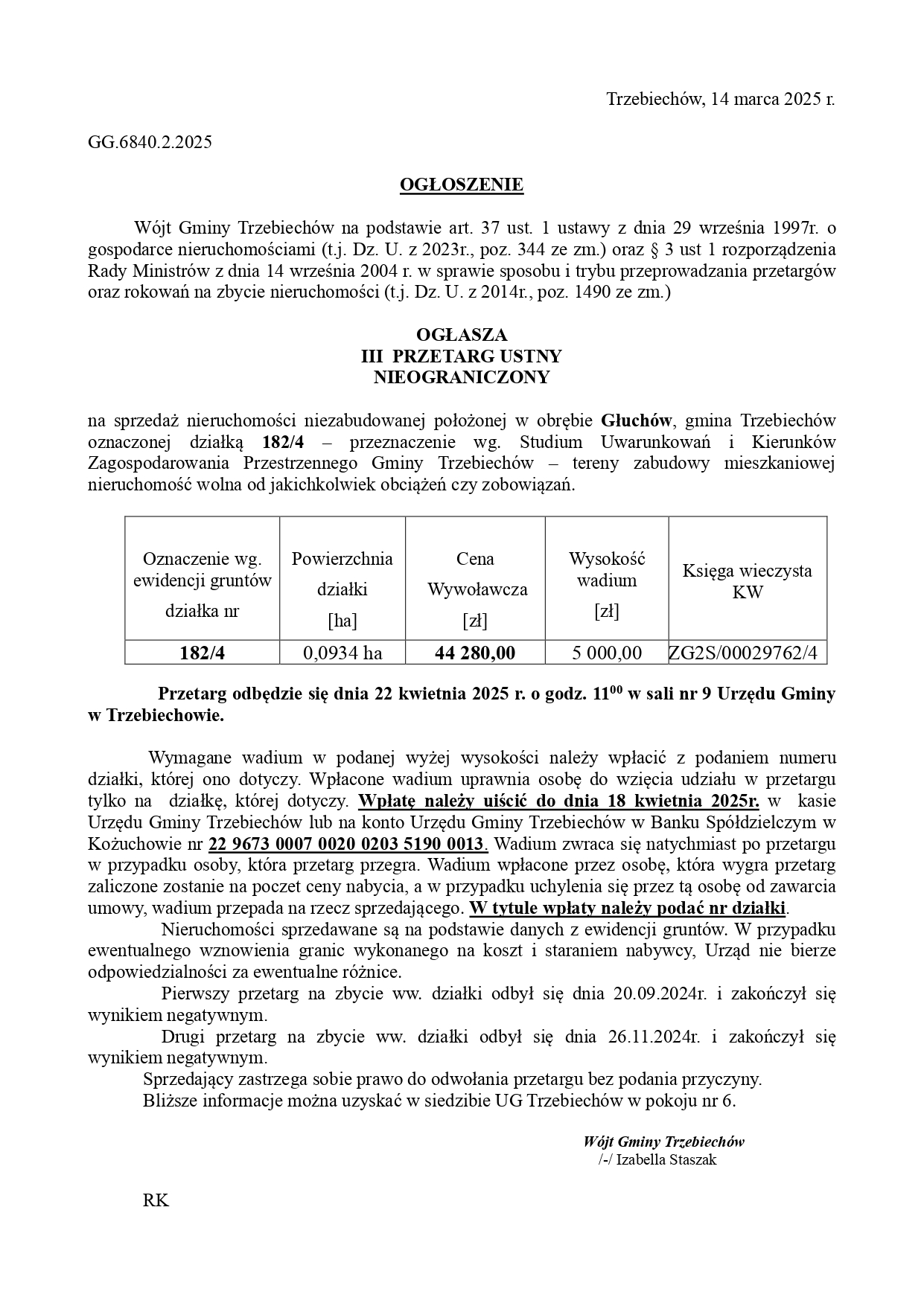 Wójt Gminy Trzebiechów ogłasza III przetarg ustny nieograniczony